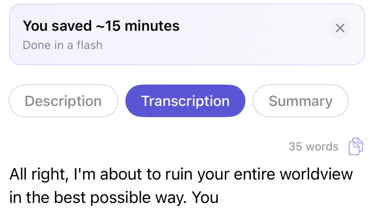 Finished transcript in AnyScribe with Transcription and Summary tabs